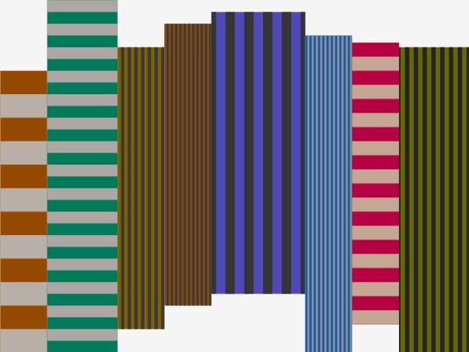 For a given width, fill the space with rectangles until roughly all the space available is covered. Each rectangle shoud contain a vertical or horizontal striped pattern. The stripes should alternate between a more or less saturated color and a neutral colour. The output should be of a generative piece that blurs its own boudaries. Sean Scully's Backs and Fronts changed the course of history in the earl 1980s when it decided to break through the rectangular limits of the canvas.