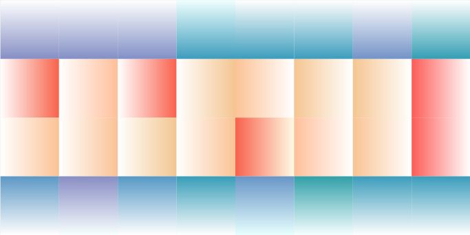 Draw 2 groups of squares arranged in a 2 by 4 grid. Squares should orient their gradients towards the center of the image, just like a Fresnel lens. This generative work is inspired by Judy Chicago. In her Fresno Fans series, she explores colour through minimal geometric shapes.