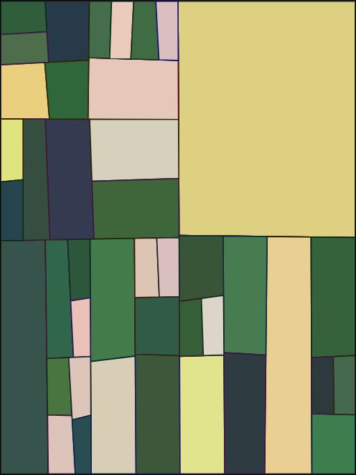 Start with one large rectangle. Roughly divide it in two halves, or not at all. For each resulting rectangles, repeat this instruction for 7 iterations. The smaller the rectangle, the higher the chances you decide not to divide it in half.