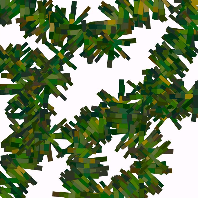 Using the marching squares and open simplex noise algorithms, draw a contour line that follows the noise algorithm. For each contour segement, draw 4 lines ranging from a length of 10, to 70 units. The widest line should appear darker, and shorter lines should appear more vibrant. All lines should use the same palette of greens.